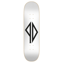 A skateboard deck shown from the underside, featuring a white background with a large black geometric logo in the center and a thin gold-toned edge.