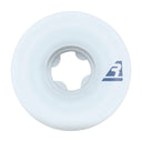 Clear skateboard wheel with a blue logo on a white background