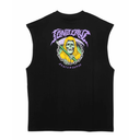 Black sleeveless shirt with a graphic design of a skeleton and text on a white background