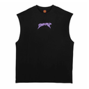 Black sleeveless shirt with a purple logo on a white background