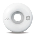 A single white skateboard wheel with a gray center hole, featuring the printed text '56' on the left and a gray circular 'SML.' logo on the right, shown on a white background with a soft shadow underneath.