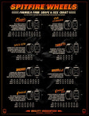 Spitfire Wheels shape and size chart on a black background