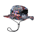 Colorful patterned bucket hat with a chin strap on a white background