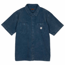 Blue denim shirt with short sleeves on a white background