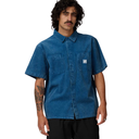 Man wearing a blue denim shirt on a white background