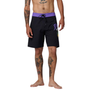 Man wearing black shorts with a purple waistband on a white background