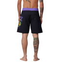 Black swim shorts with colorful design on a white background