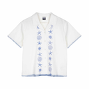 White shirt with blue embroidered patterns on a white background
