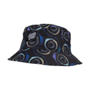 Bucket hat with circular pattern and brand logo on a white background