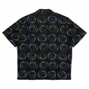Black shirt with geometric circular pattern on a white background