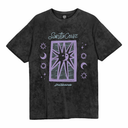 Black t-shirt with purple graphic design on a white background