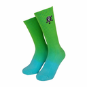 Green and blue gradient socks with a small logo on a white background
