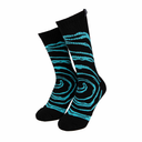 Pair of black and blue striped socks on a white background