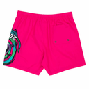 Pink shorts with a colorful graphic on a white background