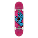 A Santa Cruz skateboard featuring the iconic blue 'Screaming Hand' graphic on a vibrant pink and magenta wood-grain deck, with white wheels and silver trucks, shown against a plain white background.