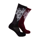 Two crew socks displayed on invisible forms against a plain white background. One sock is black with a white spiderweb graphic, and the other is burgundy with a white spiderweb graphic.