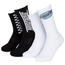 Two crew socks shown on invisible forms against a white background: one pair of black socks with white checkerboard graphics and one pair of white socks with a light blue oval logo.