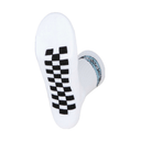 A white knit sock shown on a white background, with a black checkerboard grip pattern on the sole and a light blue patterned cuff.