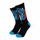 Black socks with blue and red graphic design on a white background