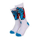 White socks with blue and red graphic design on a white background