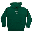A dark green pullover hoodie with a white printed graphic on the left chest featuring Santa Cruz x Pokemon, displayed on a solid white background.