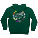 A dark green pullover hoodie from the back with a big colourfull printed graphic on the left chest featuring Santa Cruz x Pokemon, displayed on a solid white background.