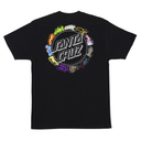 A black short-sleeve t-shirt with a large circular Santa Cruz x Pokemon graphic on the back, featuring colorful hand-drawn style illustrations around the brand's name.