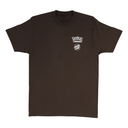 A dark brown short-sleeve crewneck t-shirt with a small white Santa Cruz x Pokemon graphic print on the left chest, displayed flat against a solid white background.