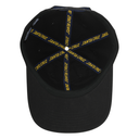 Black baseball cap with yellow and navy blue 'SANTA CRUZ' text printed across the interior cross-straps, shown from a top-down view on a white background.