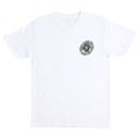 A white short-sleeve crewneck t-shirt with a circular black and white graphic of Santa Cruz x Pokemon, printed on the left chest, displayed flat against a white background.