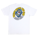 A white short-sleeve t-shirt with a large graphic on the back featuring a blue Pokémon Trading Card Game Santa Cruz hand, surrounded by yellow text reading 'POKÉMON TRADING CARD GAME SANTA CRUZ'.
