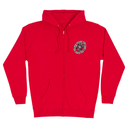 A bright red full-zip hoodie with a kangaroo pocket and a circular graphic on the left chest featuring a Santa Cruz x Pokemon