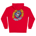 A red long-sleeve hoodie shown from the back, featuring a large graphic print in the center of Santa Cruz x Pokemon