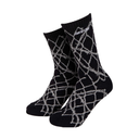 A pair of black crew socks with a white abstract web-like pattern and the brand name 'SANTA CRUZ' printed in white on the cuff, shown against a light gray background.