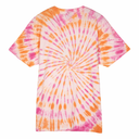Tie-dye t-shirt with pink and orange spiral pattern on a white background