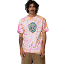 Person wearing a tie-dye t-shirt with a logo on a white background