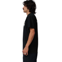 Man wearing a black t-shirt with a graphic design on a white background