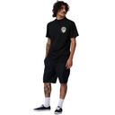 Man wearing a black t-shirt and shorts with a white background