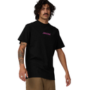 Man wearing a black t-shirt with a logo on a white background