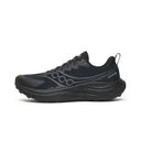 A black and dark gray trail running shoe with a thick black midsole against a plain white background.