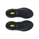 A pair of black running shoes shown from a top-down view on a solid white background, featuring a bright lime green insole label with 'NEXEL' and 'AGC' text.