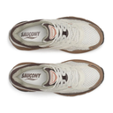 A pair of Saucony athletic sneakers shown from a top-down view on a plain white background. The shoes feature a light beige mesh upper with white laces, dark brown accents around the collar and midsole, and a brown outsole.