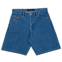Blue denim shorts on a white background