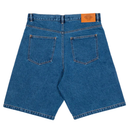 Blue denim shorts with a visible brand label on a white background