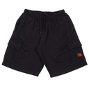 Black cargo shorts with a brand logo on a white background