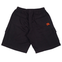 Black cargo shorts with an orange logo on a white background