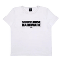 White t-shirt with 'Screwloose Hardware' text on a white background