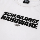 White t-shirt with 'Screwloose Hardware' text and logo on a white background