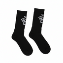 Black socks with white logo on a white background