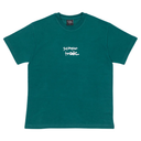 Teal t-shirt with white text on a white background